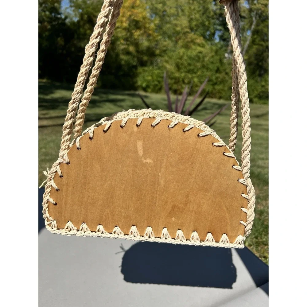 Vintage 60s Walborg Straw Rope Bag Shoulder‎ Bag Wooden Base Boho Cottagecore